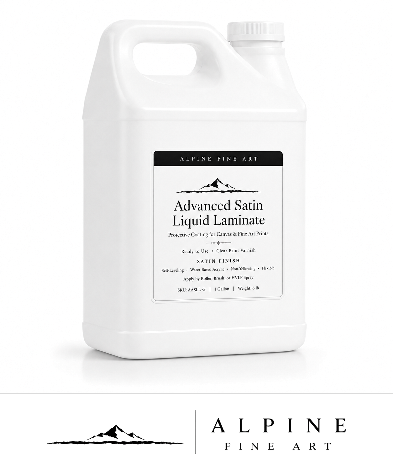 Alpine Advanced Satin Liquid Laminate — clear water-based acrylic print varnish, satin finish, 1 gallon.